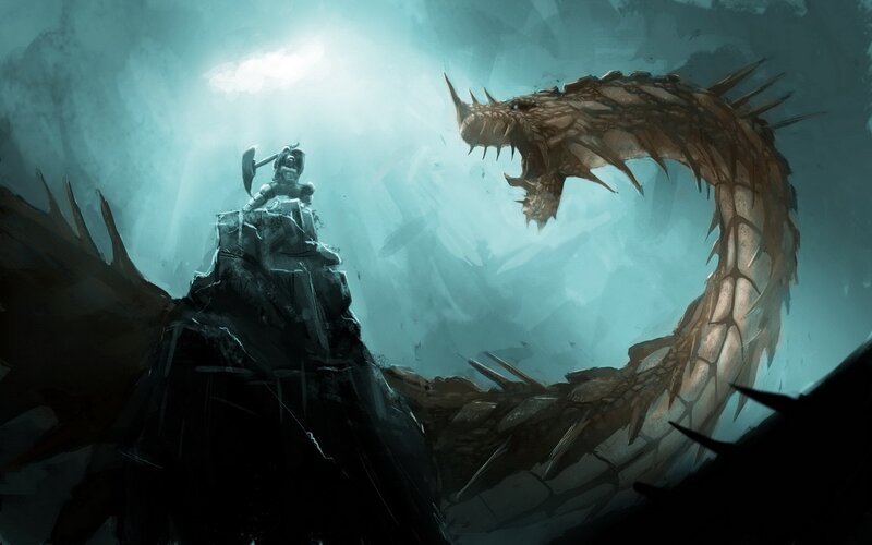 Warrior Facing Dragon — Blue, Dramatic, Digital Art, Axe, Rock, Brown
