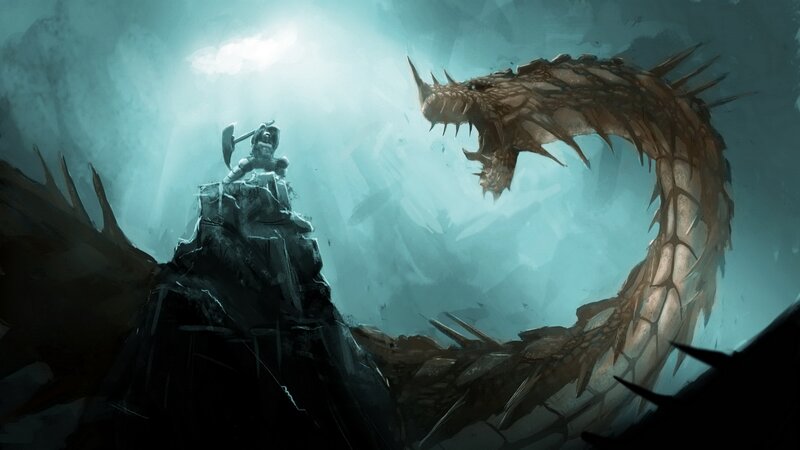 Warrior Facing Dragon — Blue, Dramatic