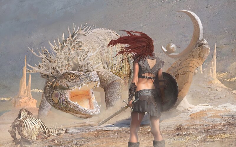 Warrior Facing Dragon — Brown, Dramatic, Digital Art, Sword