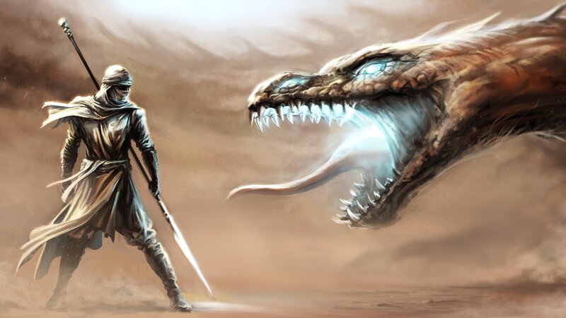 Warrior Facing Dragon — Brown, Dramatic