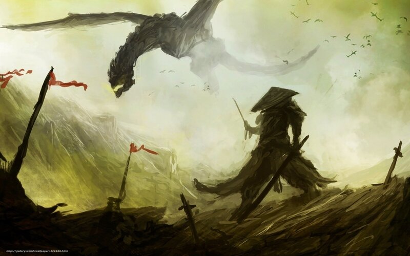 Warrior Facing Dragon — Green, Dramatic, Afternoon, Digital Art