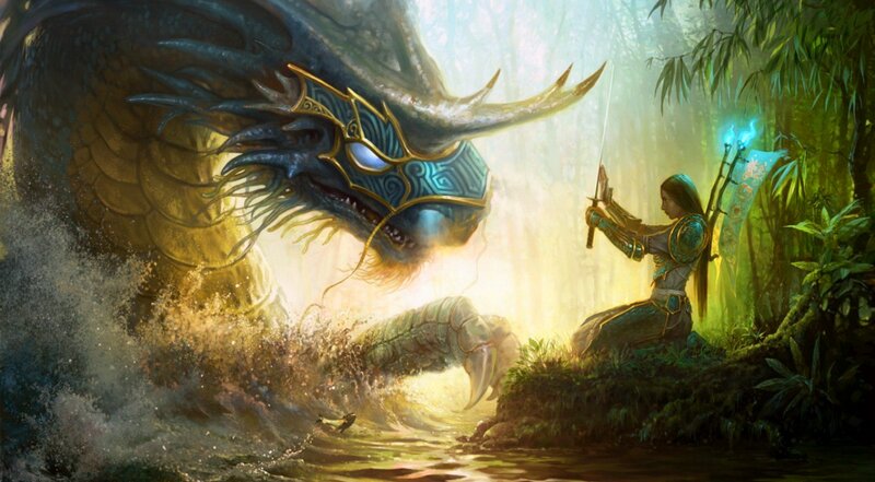 Warrior Facing Dragon — Green, Dramatic, Afternoon