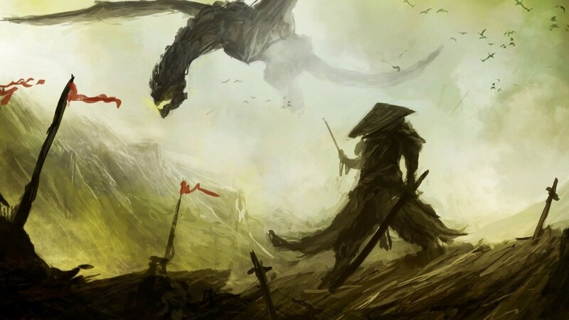 Warrior Facing Dragon — Green, Dramatic, Digital Art, Flag