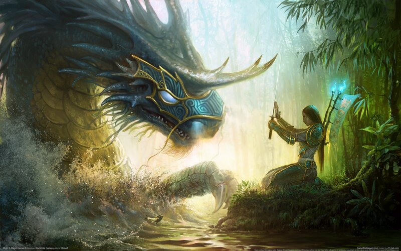 Warrior Facing Dragon — Green, Dramatic, Digital Art, Sword