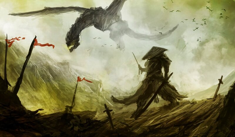 Warrior Facing Dragon — Green, Dramatic, Digital Art
