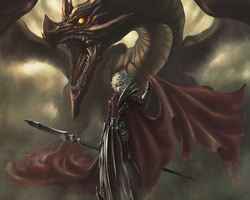 Warrior Facing Dragon — Red, Dramatic