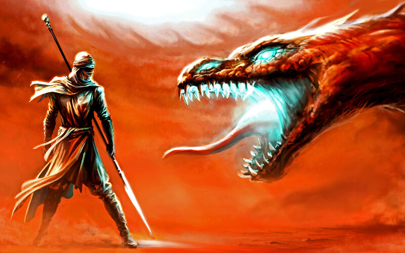 Warrior Facing Dragon — Red