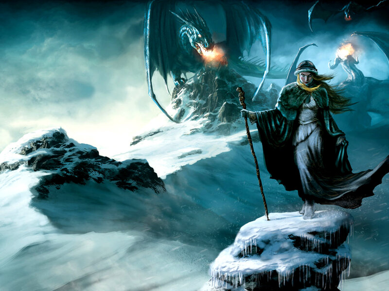 Warrior facing dragons in snow