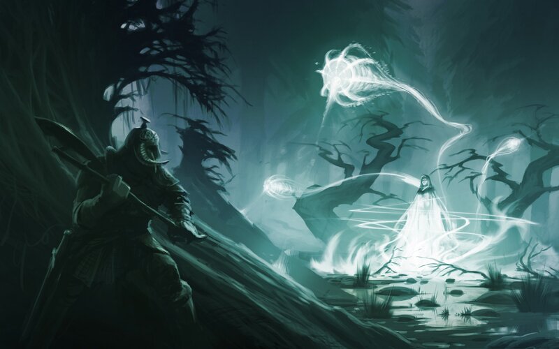 Warrior Facing Ghost — Green, Dark