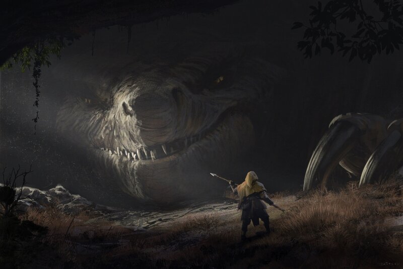 Warrior Facing Giant Beast — Dark Brown