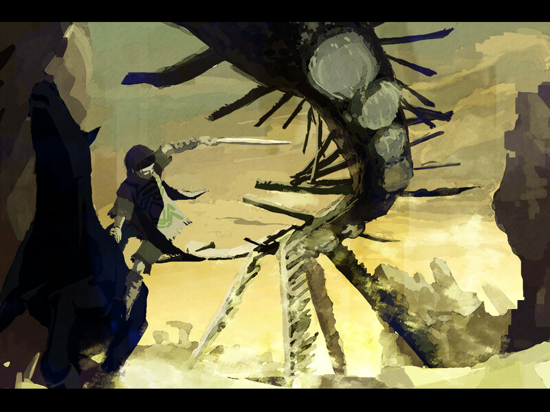 Warrior facing giant creature