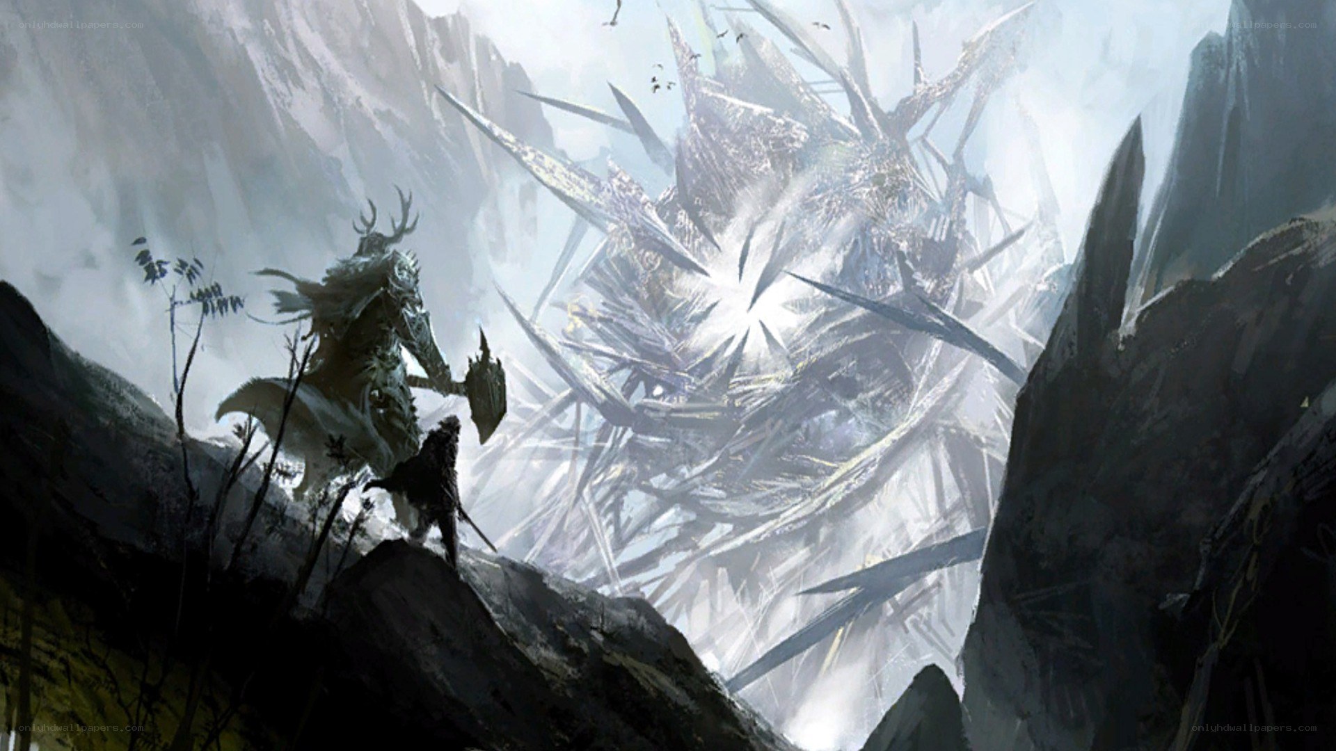 warrior facing giant crystalline beast