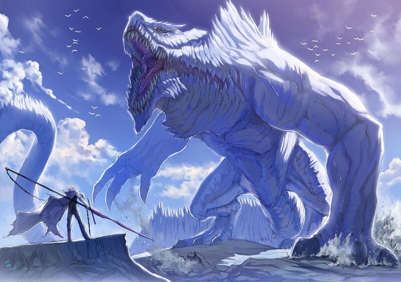 Warrior Facing Giant Dragon — Blue