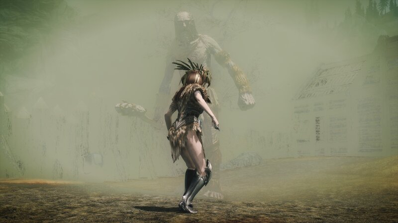 Warrior facing giant in mist