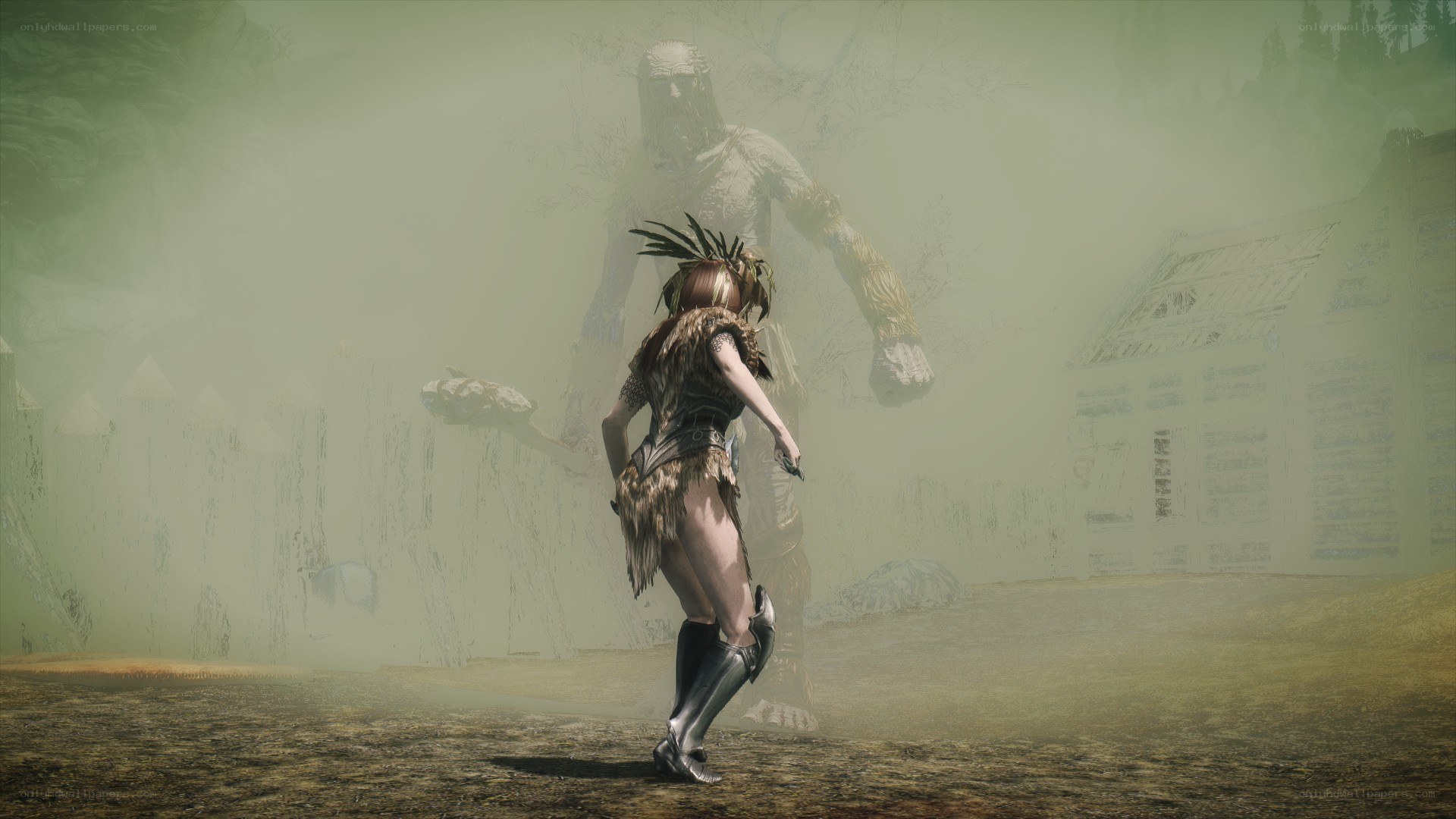 Warrior facing giant in mist
