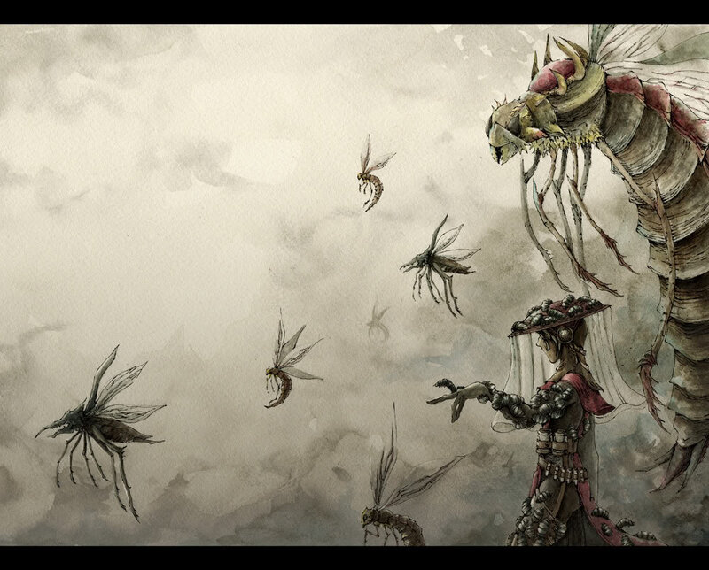 Warrior facing giant insect swarm