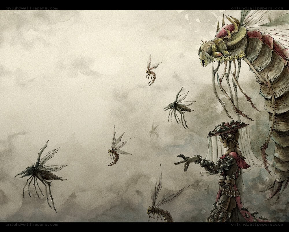 Warrior facing giant insect swarm