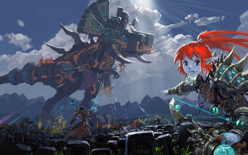 Warrior facing giant mechanical beast