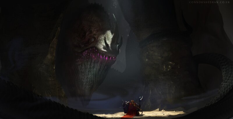 Warrior Facing Giant Monster — Black, Dramatic