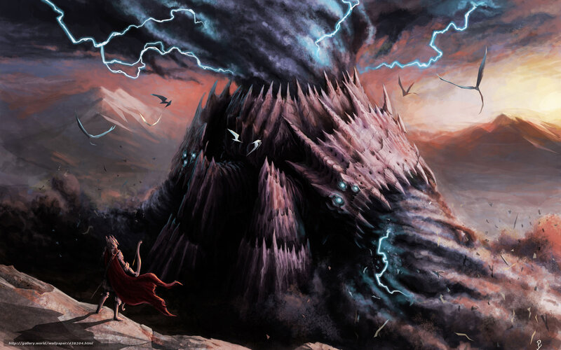 Warrior Facing Giant Monster — Purple