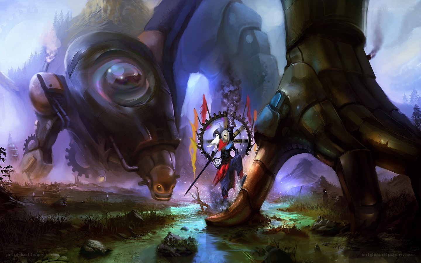 Warrior facing giant robots