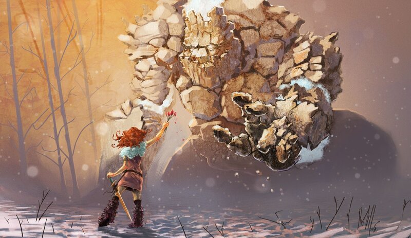 warrior facing giant rock creature