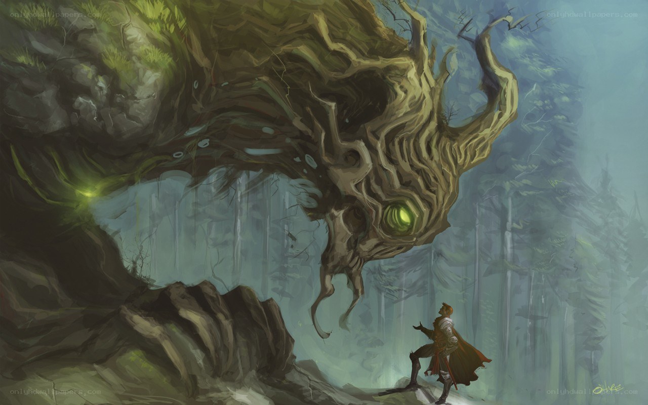 warrior facing giant tree spirit