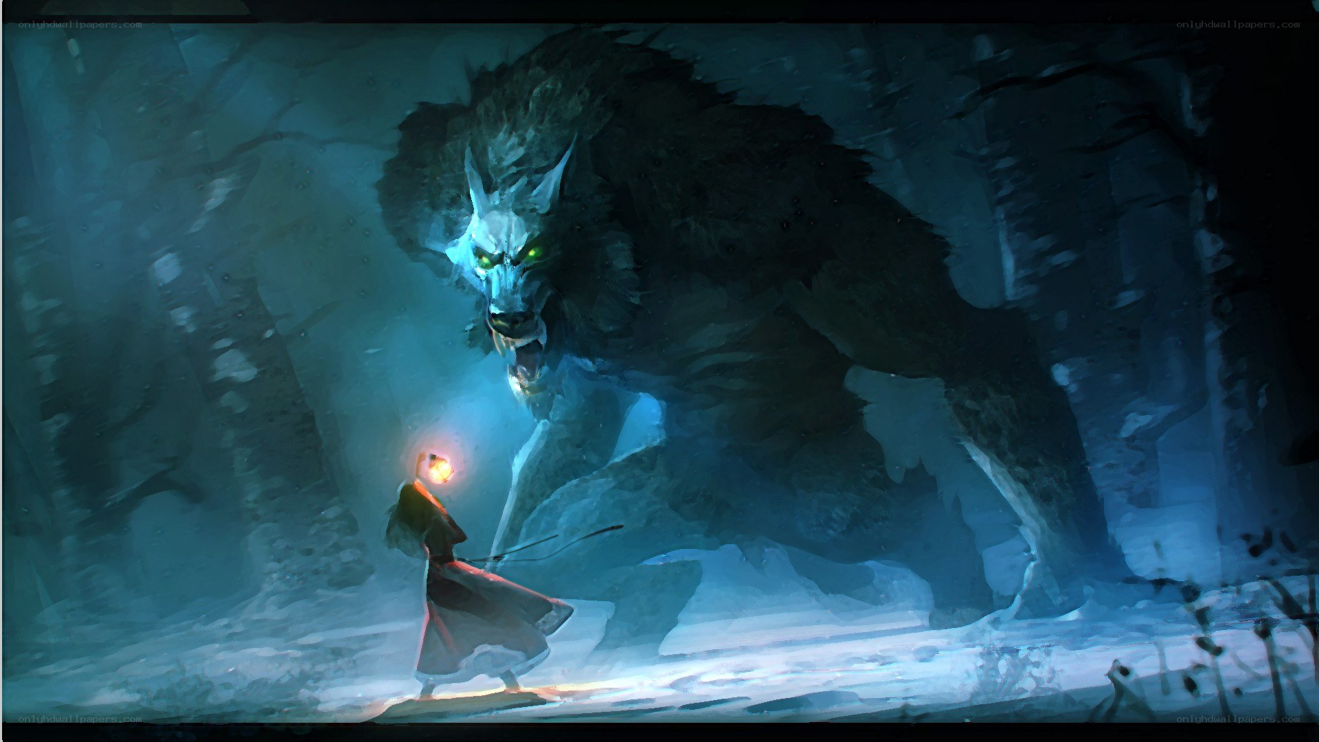 Warrior facing giant wolf