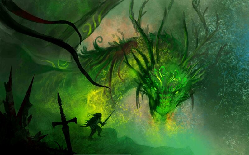 Warrior Facing Green Dragon — Dramatic