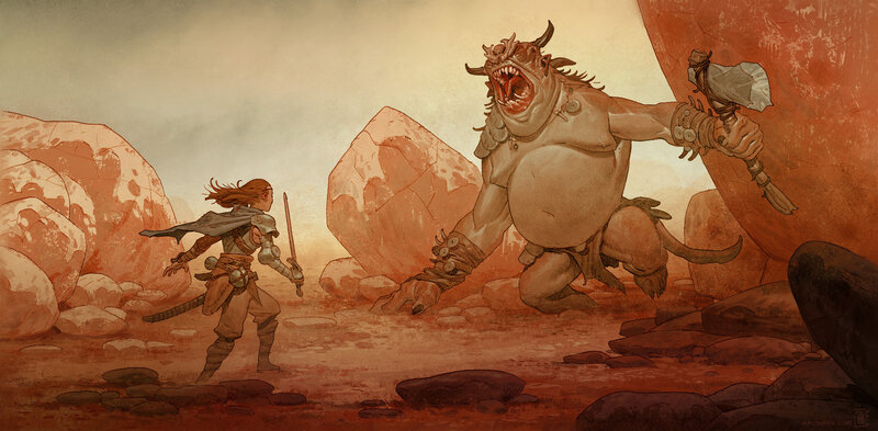 Warrior Facing Monster — Brown, Dramatic