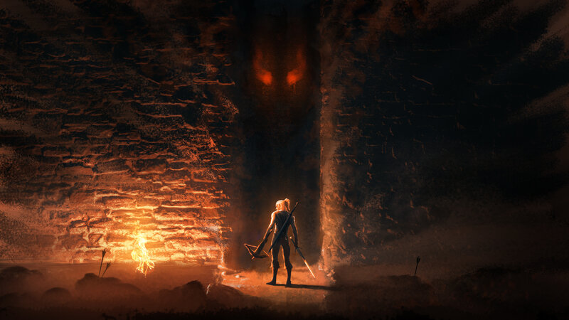Warrior Facing Monster — Orange