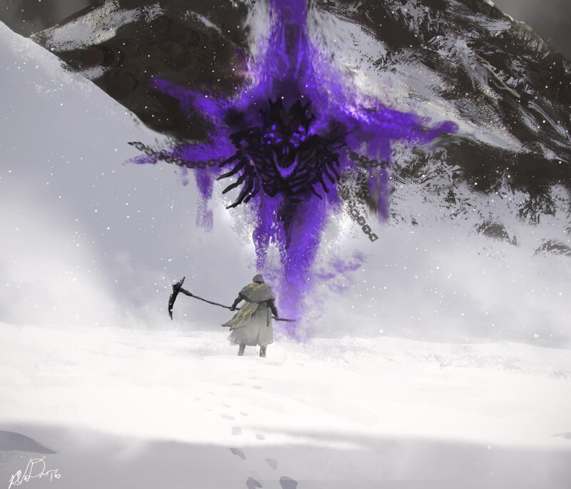 Warrior Facing Monster — White