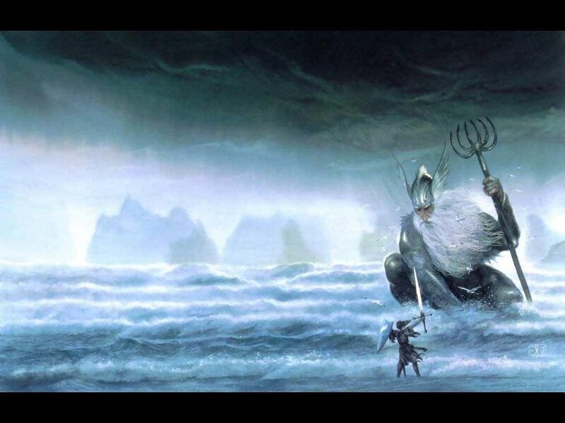 Warrior facing sea god