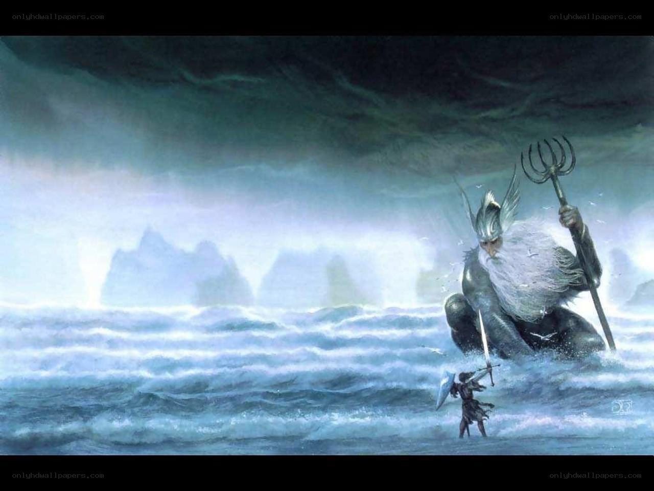 Warrior facing sea god