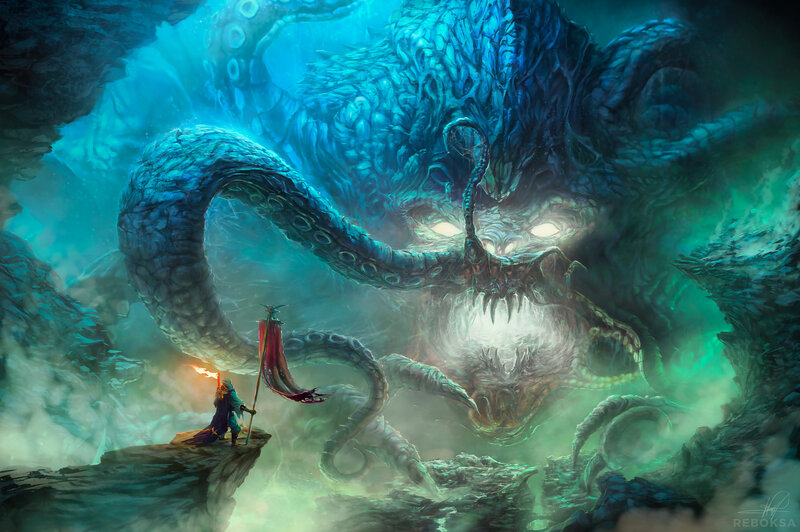 Warrior Facing Sea Monster — Blue