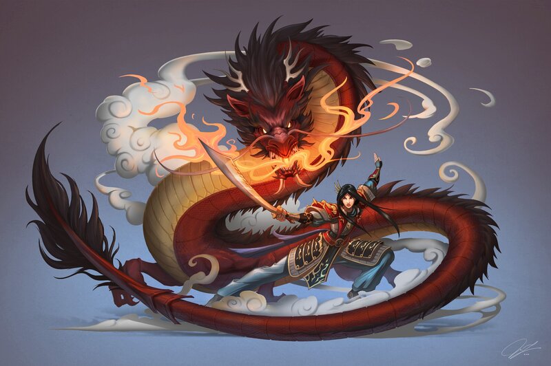 Warrior Fighting a Dragon — Red, Dramatic