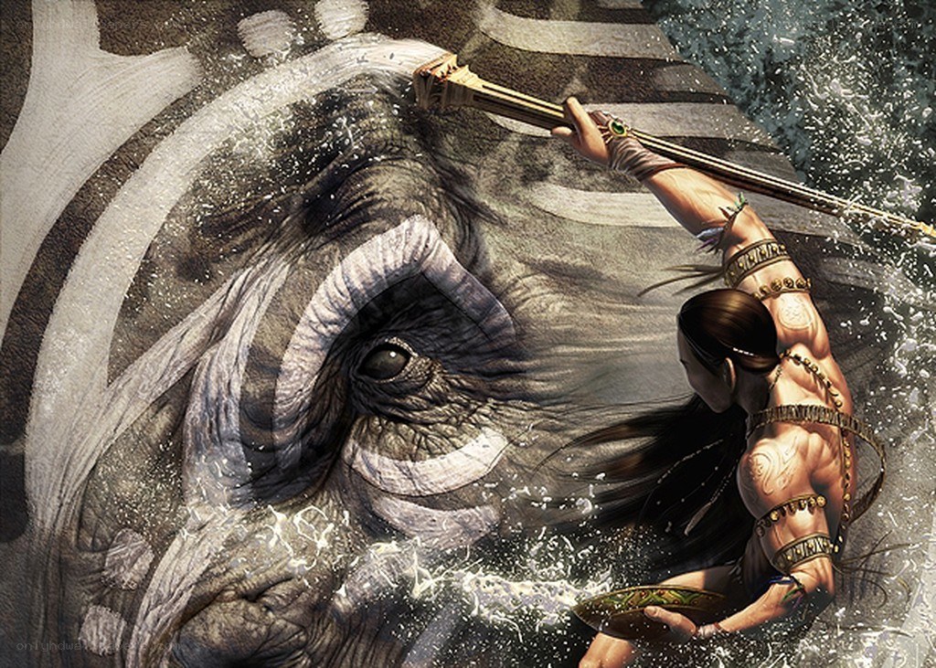 Warrior fighting a giant elephant