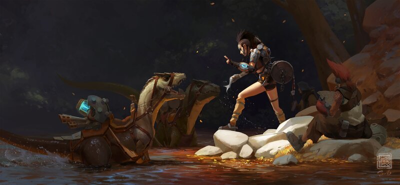 Warrior Fighting Dinosaurs — Brown