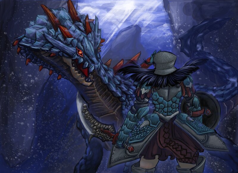 Warrior Fighting Dragon — Blue, Dramatic, Night