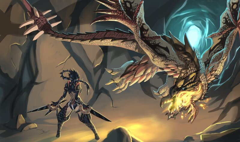 Warrior Fighting Dragon — Brown, Dramatic, Digital Art