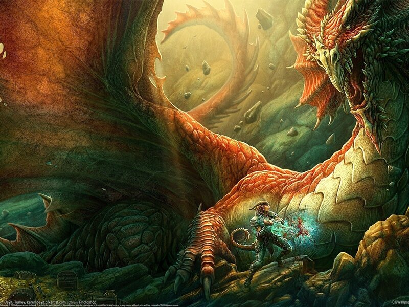 Warrior Fighting Dragon — Orange, Dramatic, Digital Art, Sword