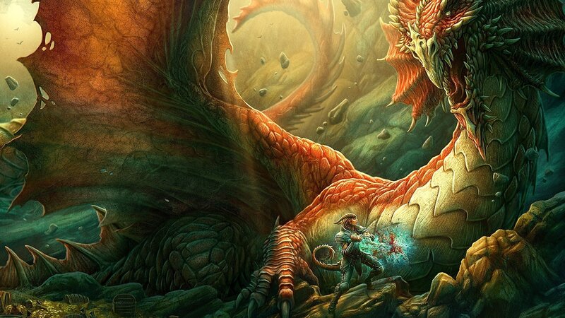 Warrior Fighting Dragon — Orange, Dramatic, Digital Art