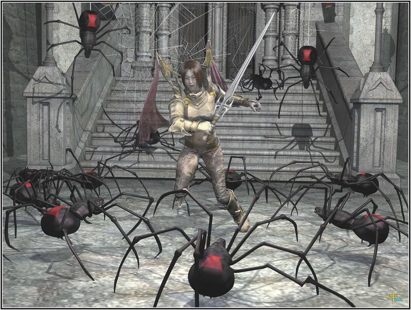 warrior fighting giant spiders