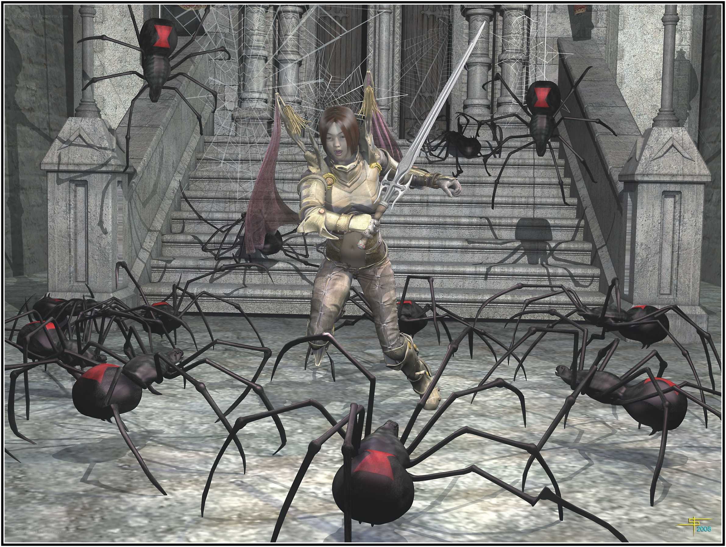 warrior fighting giant spiders