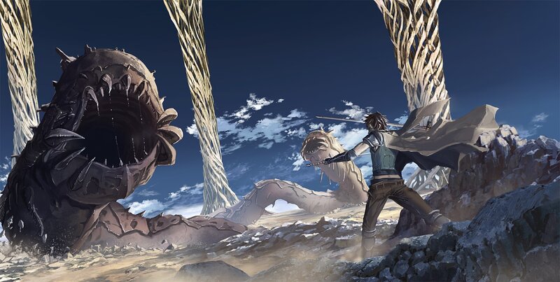 Warrior Fighting Monster — Blue, Dramatic, Afternoon