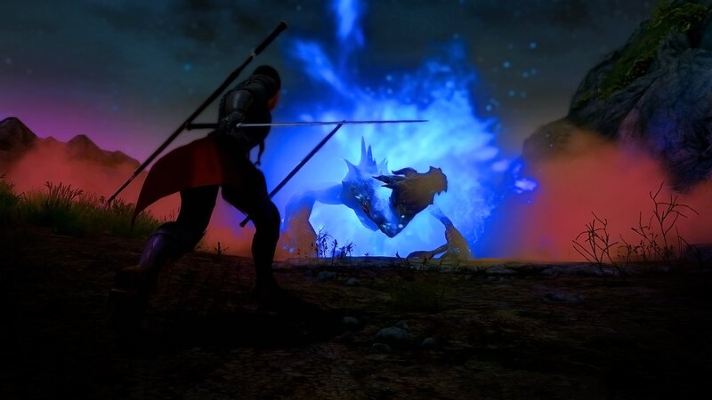 Warrior Fighting Monster — Blue, Dramatic