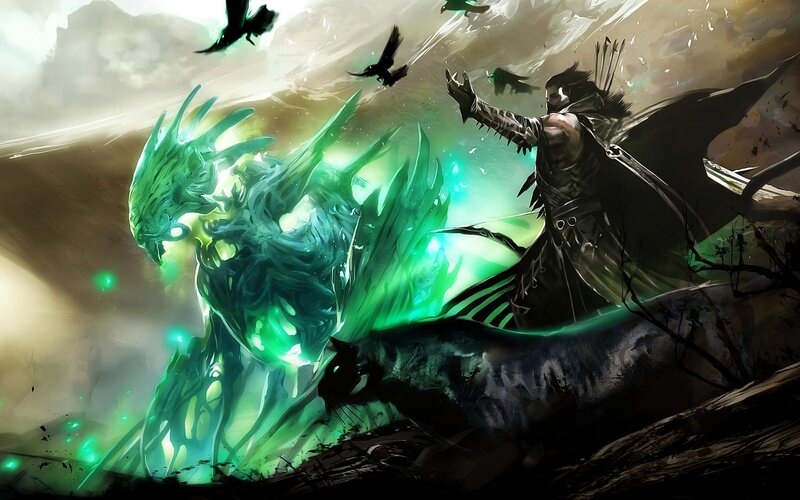 Warrior Fighting Monster — Green, Dramatic