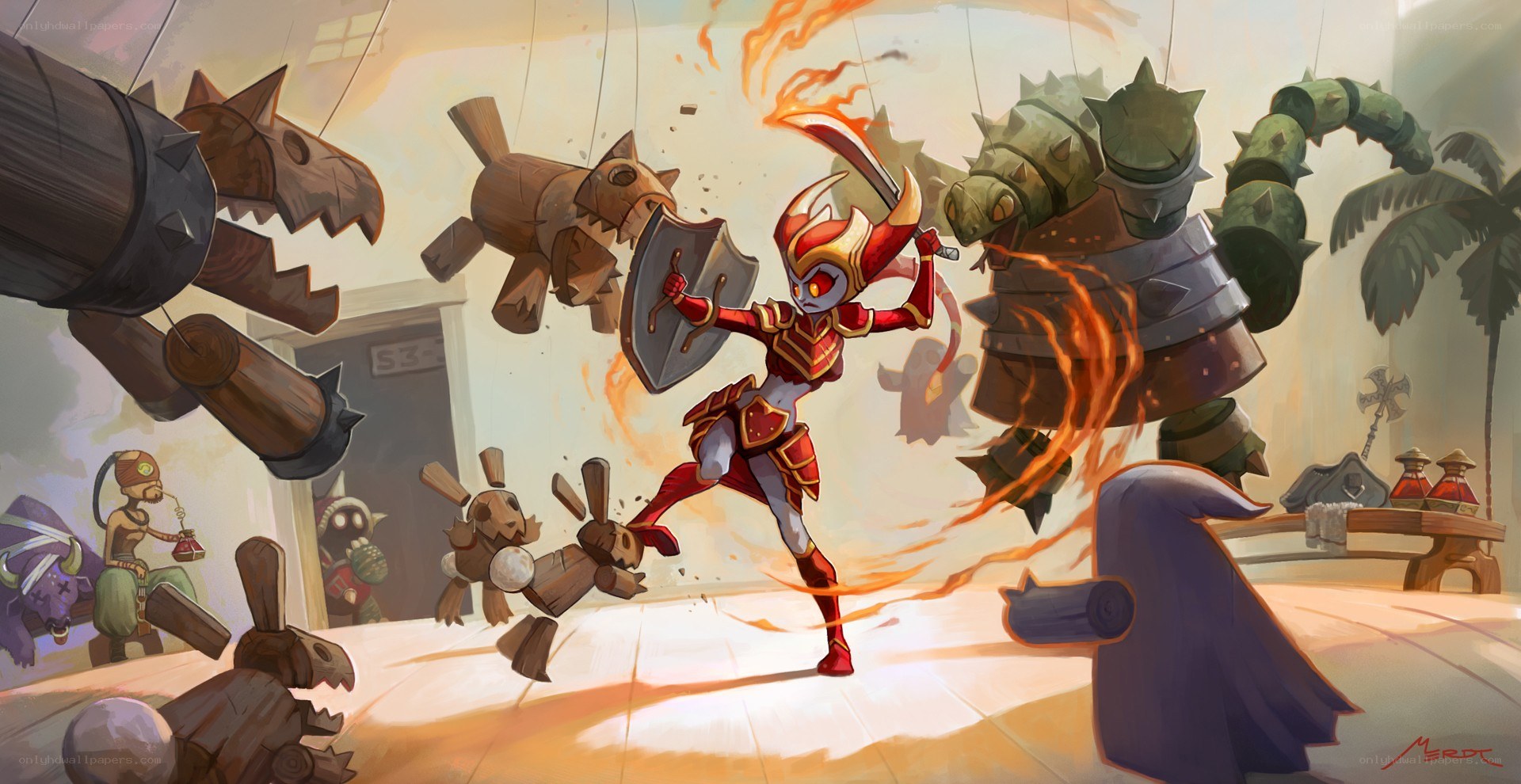 Warrior fighting puppet monsters