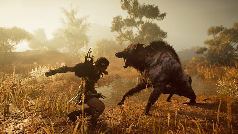 Warrior Fighting Wolf — Brown