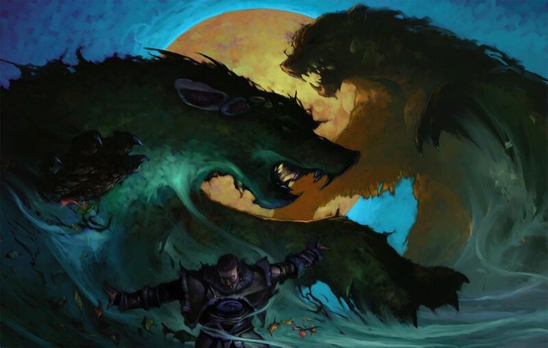 Warrior Fighting Wolves — Blue, Dramatic